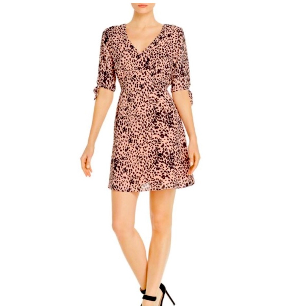 Aqua Pink Black Leopard Print Dress Small V Neck Short Sleeve A Line Pockets